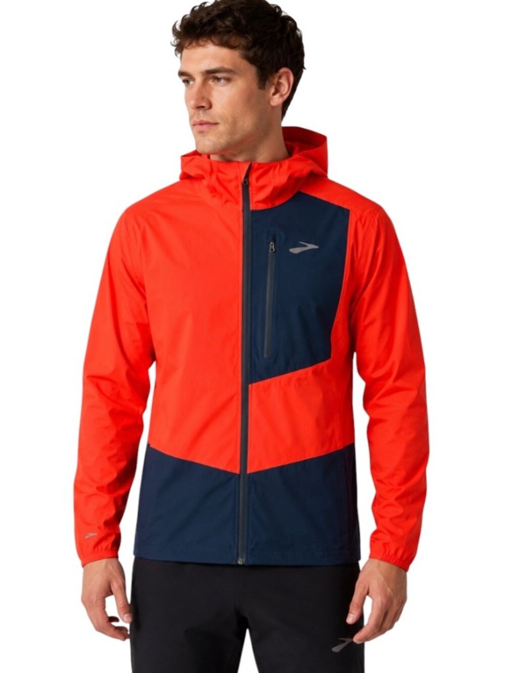 Brooks High Point Waterproof Jacket Size M Orange Navy Hooded Packable Jacket